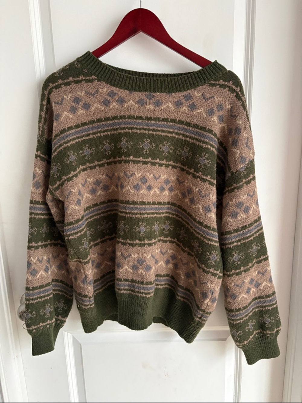 Vintage Olive & Beige Patterned Crewneck Sweater